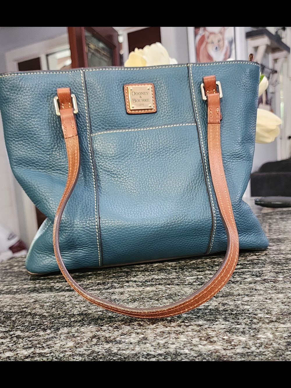 Dooney & Bourke Teal Leather Tote with Brown Leather Handles